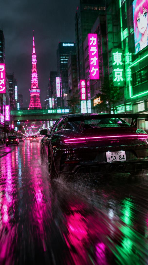 Une voiture de sport noire sous la pluie dans un Tokyo néon