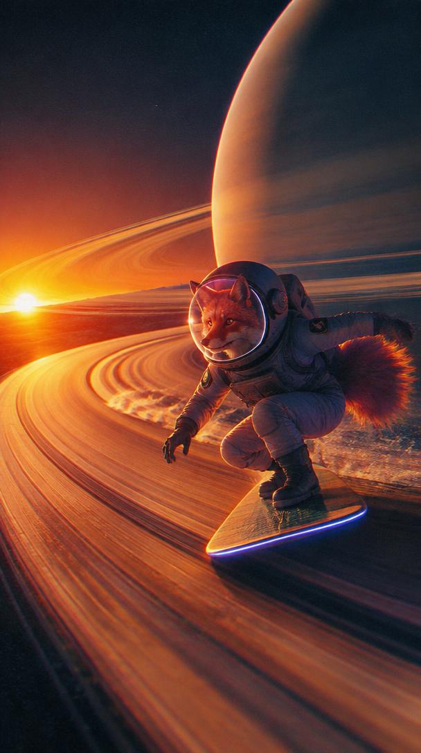 Un renard astronaute qui surfe sur les anneaux de Saturne au coucher du soleil