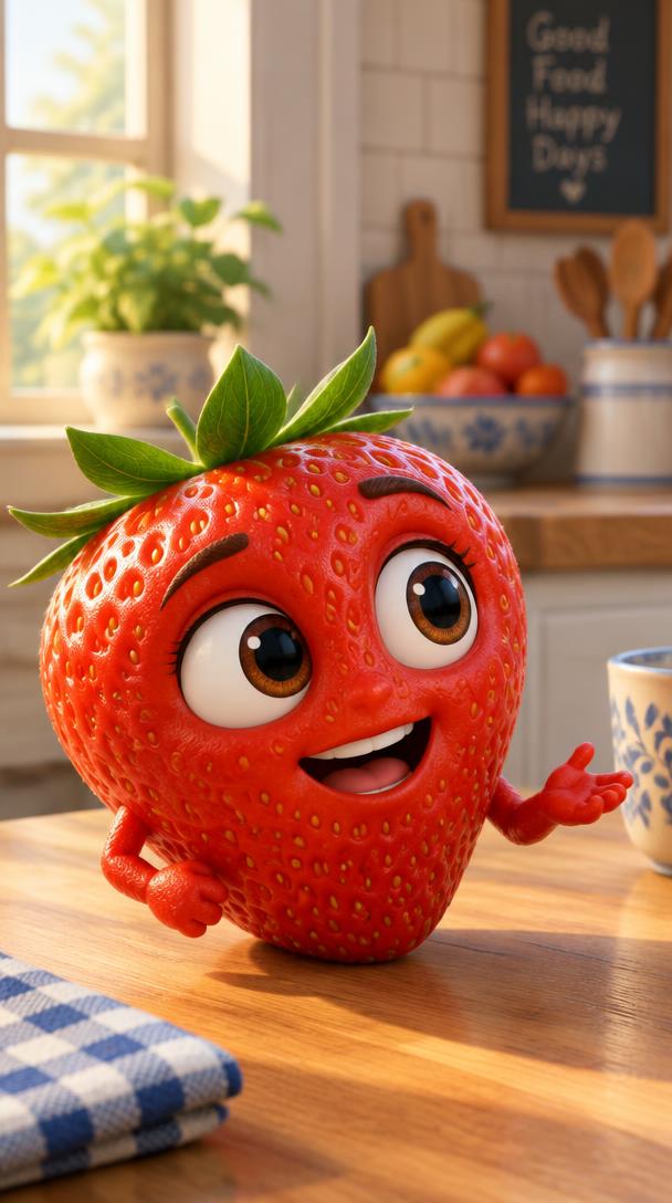 Une fraise expressive qui raconte une histoire sur la table de la cuisine