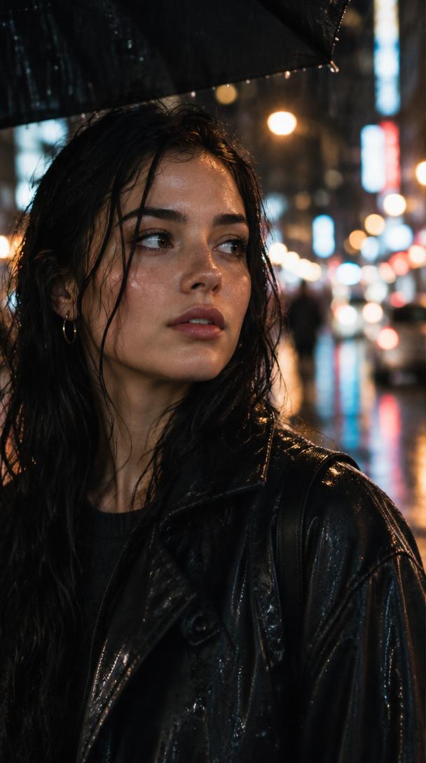 Une jeune femme marche sous la pluie dans une rue illuminée la nuit